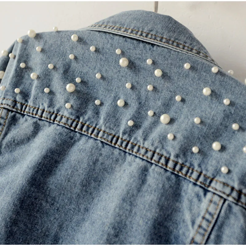 

2019 Denim Coat Pearl Beading Short Denim Jackets Women White Wash Long Sleeve Vintage Casual Jean Jacket Bomber Plus Size 5Xl