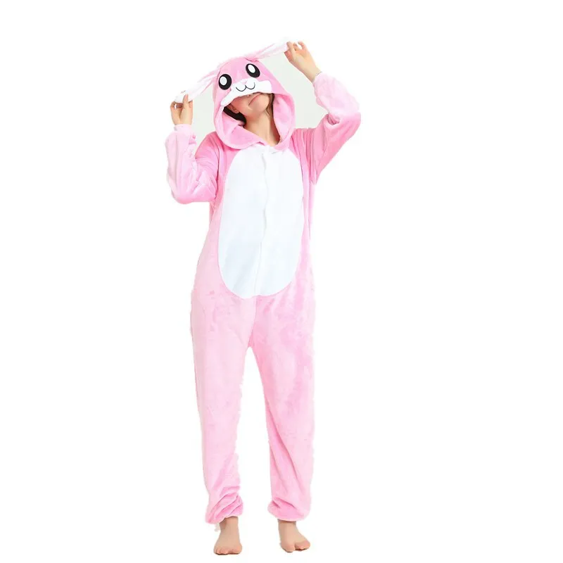 Adults Pajamas Women Flannel Sleepwear Unisex Cute Rabbit Cartoon Animal Pajama Set Hooded Pyjamas Kigurumi