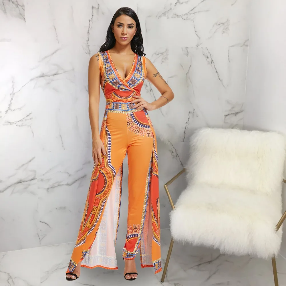 Women Fashion African Print Bodycon Pants Deep V-Neck Party Jumpsuits | Женская одежда