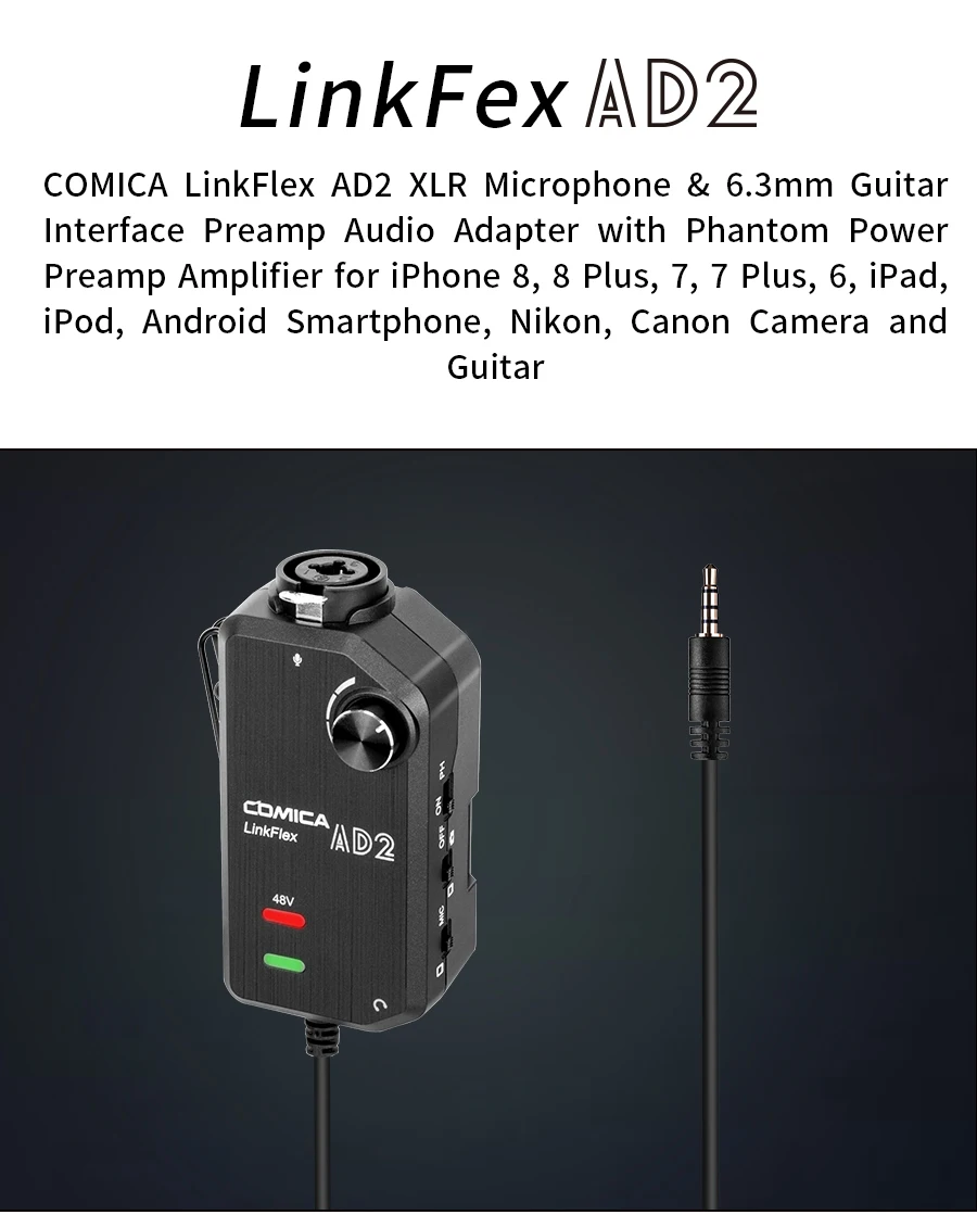 COMICA LinkFlex AD2 XLR/6,35 мм до 3,5 мм аудио адаптер предусилителя с фантомным питанием для iPhone/Android/Nikon/Canon камеры и гитары