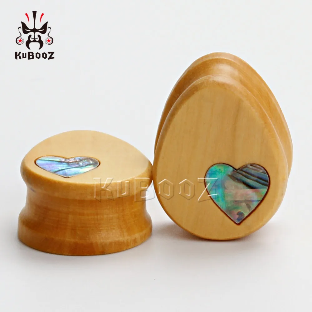Kubooz пирсинг деревянные капли воды диаметры для ушей пирсинг пробки и туннели тело Ювелирное Украшение из перламутровых раковин логотип в форме сердца расширитель оптом
