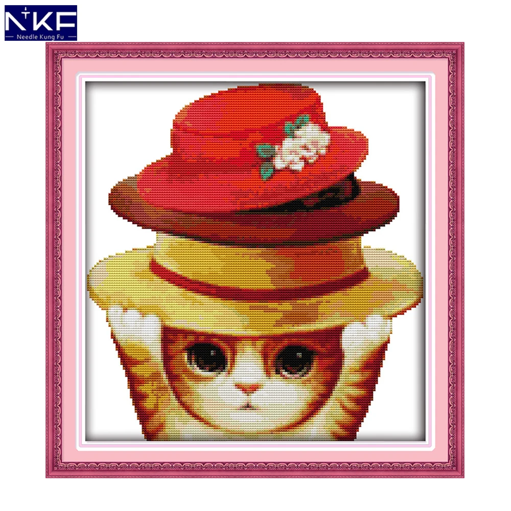 

NKF The Lovely Hat Cat Animal Cross Stitch Set Handmade Craft Needlework Cross-Stitch Embroidery Kit Cross Stitch for Home Decor