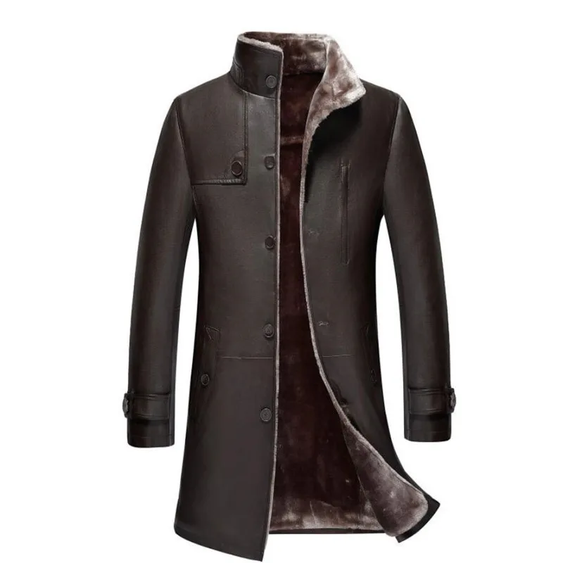 

Plus Size 5XL Men's Single-breasted Long Trench Coat Leather Winter Warm Fur Lining Jackets Outerwear Parka