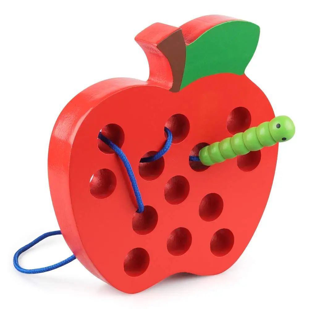 

Wooden Lacing Apple Threading Toys Wood Block Puzzle Travel Game Early Learning Educational Gift for 1-3 Years Old Toddlers Baby