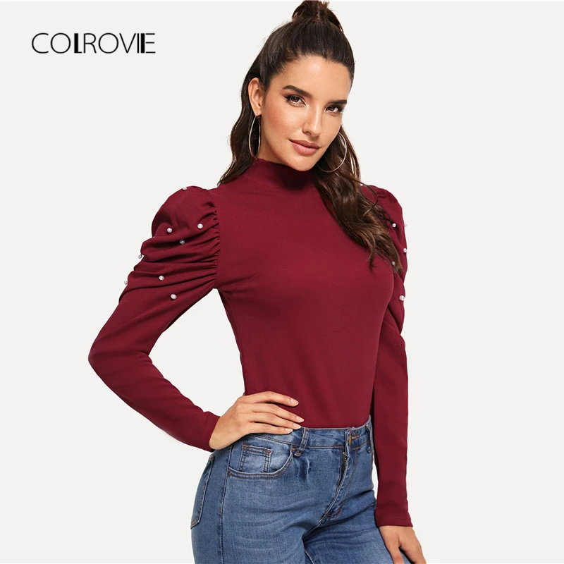 COLROVIE, бордовые жемчужные бусы, ложный воротник, пышные рукава, Рождественская Элегантная блузка,, осенняя мода, милые женские топы и блузки