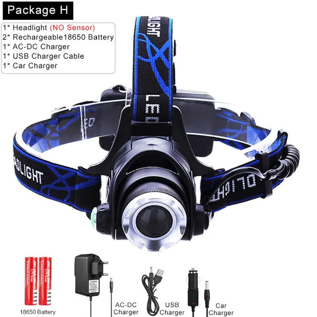 Package H Яркий светодиодный налобный фонарь с датчиком движения T6/L2/V6 Zoom светодиодный налобный фонарь вспышка светильник Фонарь налобный светильник Lanterna светильник для кемпинга - Испускаемый цвет: Package H