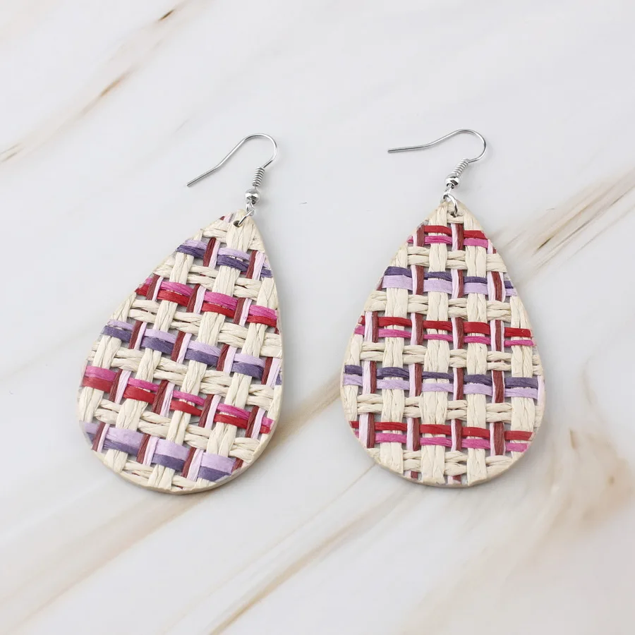 

Rattan Weave Teardrop Leather Dangle Drop Earrings for Women Rattan Weaving Leather Teardrop Statement Earrings Summer Jewelry