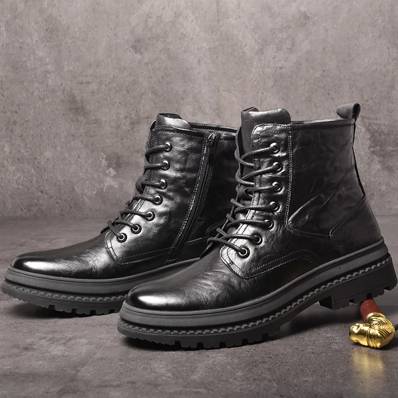 OSCO/зимние ботинки Martens из натуральной кожи Мужская обувь черные в байкерском