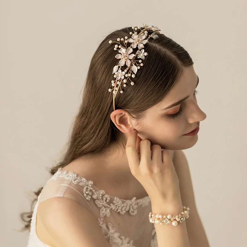 SLBRIDAL золотые стразы жемчуг цветок лист свадебная тиара головная повязка корона