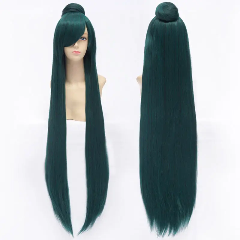 

100cm Long Dark Green Sailor Pluto Meiou Setsuna Cosplay Wig With Detachable Bun Synthetic Hair Wigs + Wig Cap