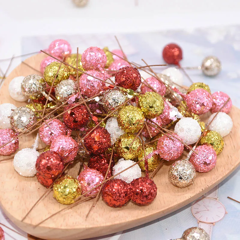 

50Pcs/lot Mini Artificial Flower Fruit Stamens Cherry Christmas Flower Pearl Berries for Wedding DIY Gift Box Decorative Flowers