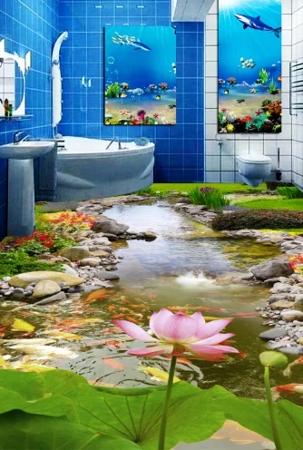 

[Самоклеящаяся] 3D Розовая река лотоса 55 Нескользящая водонепроницаемая фото самоклеющаяся напольная Настенная Наклейка обои фрески печать...