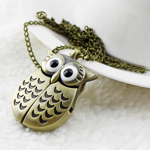 Vintage Bronze Retro Slide Smart Owl Pendant Long Chain Necklace Pocket Watch New
