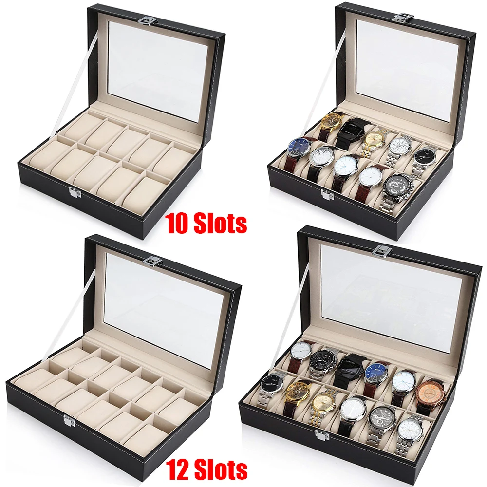 10 / 12 Grids PU Leather Watch Box Case Collector Holder Organizer For Clock Watches Jewelry Display Storage Boxes Glass Top D20