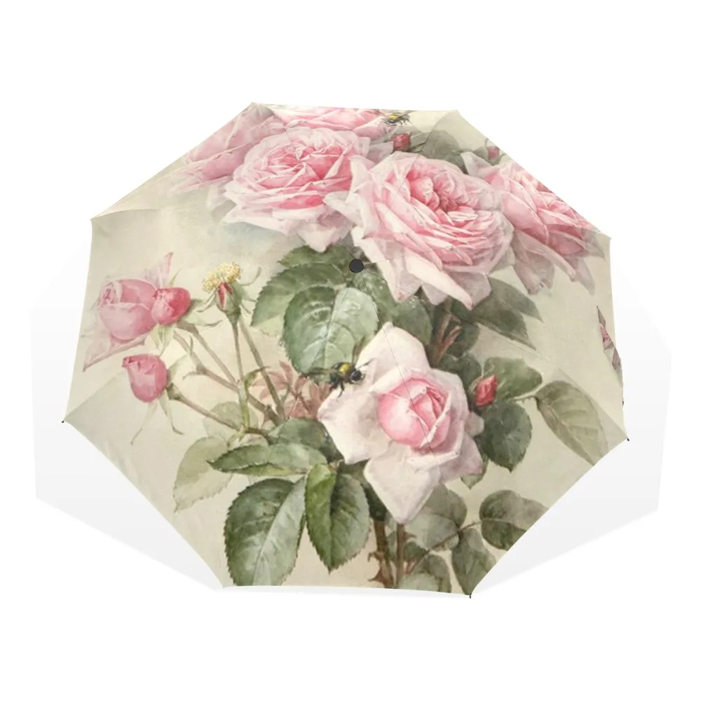 Vintage Shabby Floral Print Women Rain Umbrella Chic Pink Rose Three Folding Girl Durable Portable Umbrella Automatic Parapluie