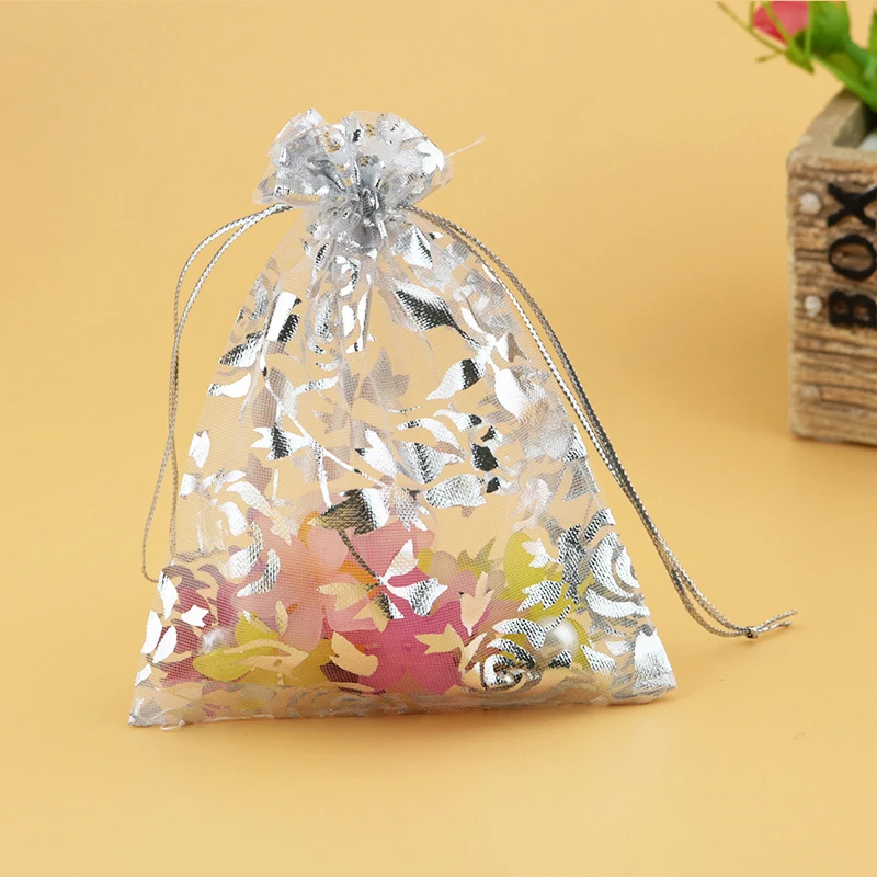 

Wholesale 200pcs High Quality 13x18cm Silver Rose Print Organza Bag White Color Wedding Gift Candy Bags Jewelry Package Pouch