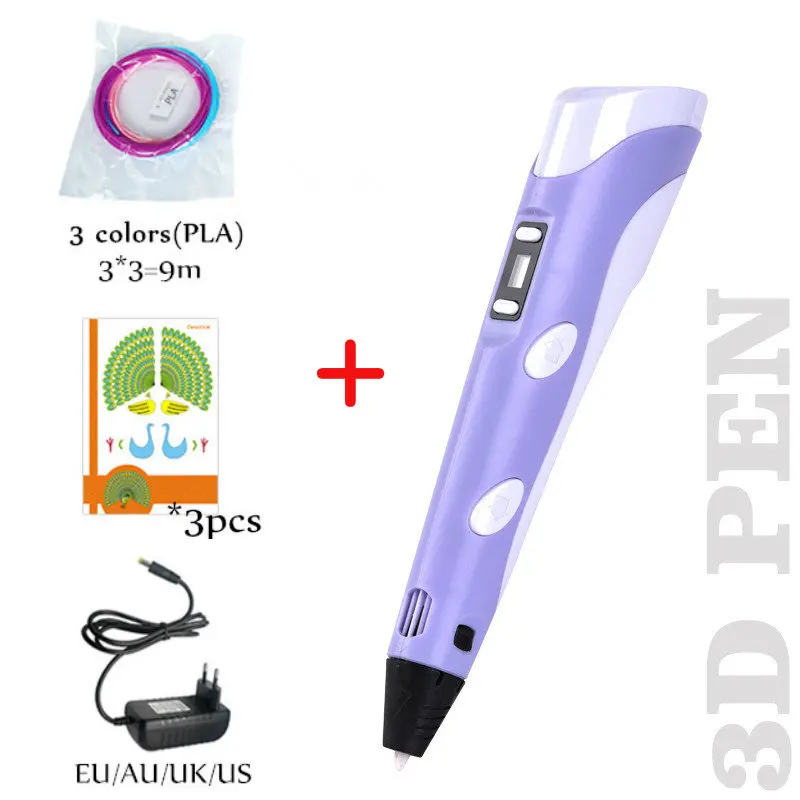purple-9-3 3D печать Ручка PLA Смарт 3d ручки для рисования с нитью светодиодный дисплей для детей подарки на день рождения - Цвет: purple-9-3