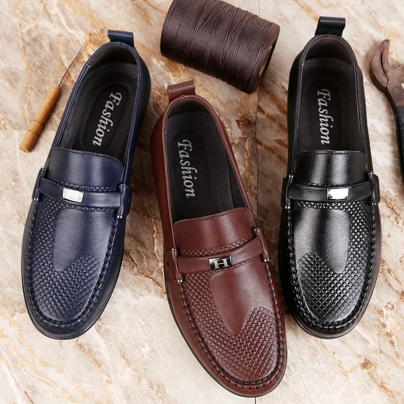 Loafers Genuine Leather Casual Men Shoes Fashion Embossing Boat Slip-On Soft Comfortable Driving Plus Size 36-47 | Обувь