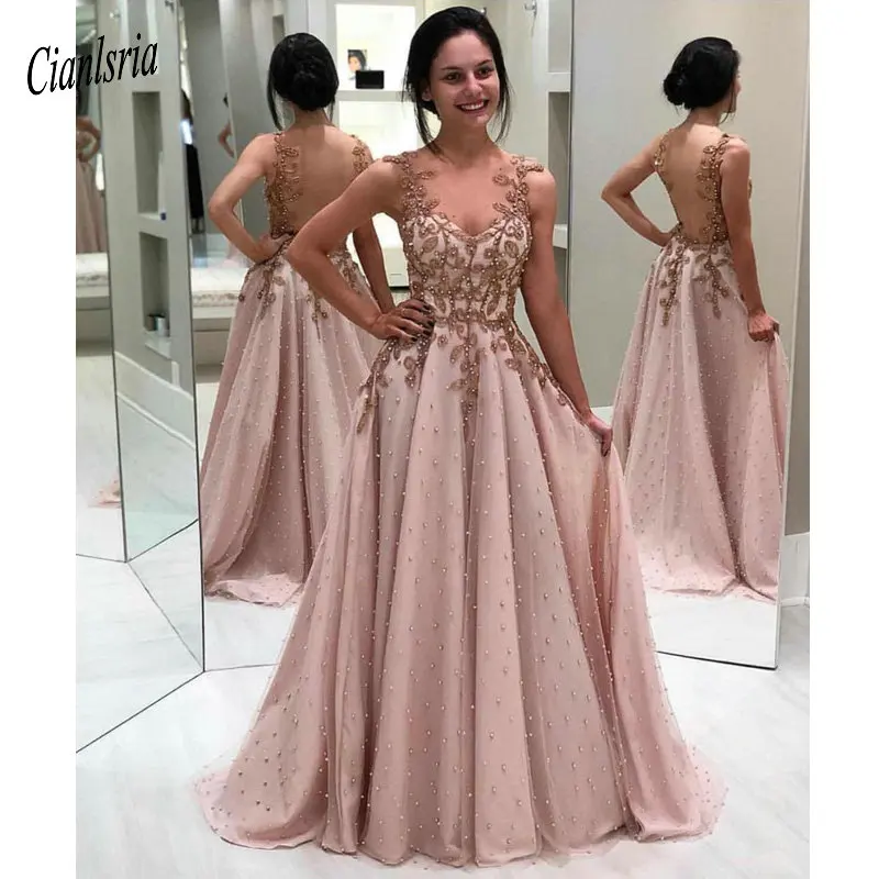 

Gorgeous Spaghetti Straps Pearls Evening Dress Appliques Lace Beading Backless Formal Evening Party Dresses Robe De Soiree
