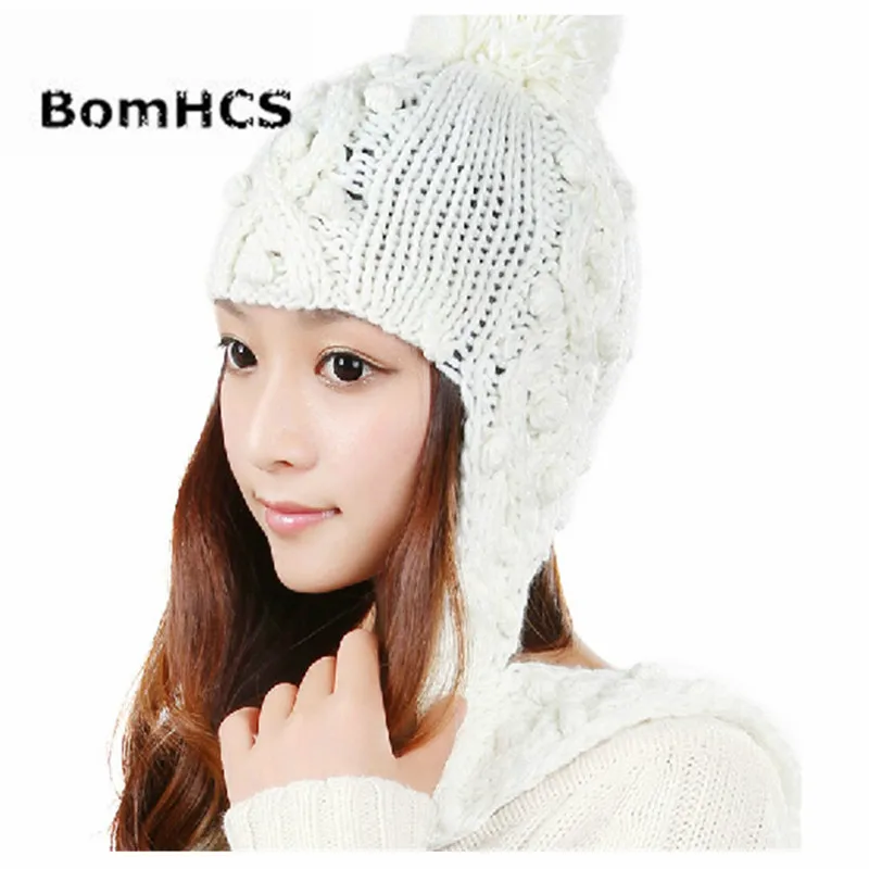 Женская вязаная шапка BomHCS однотонная теплая с ушками шарф красивое кружево кроше