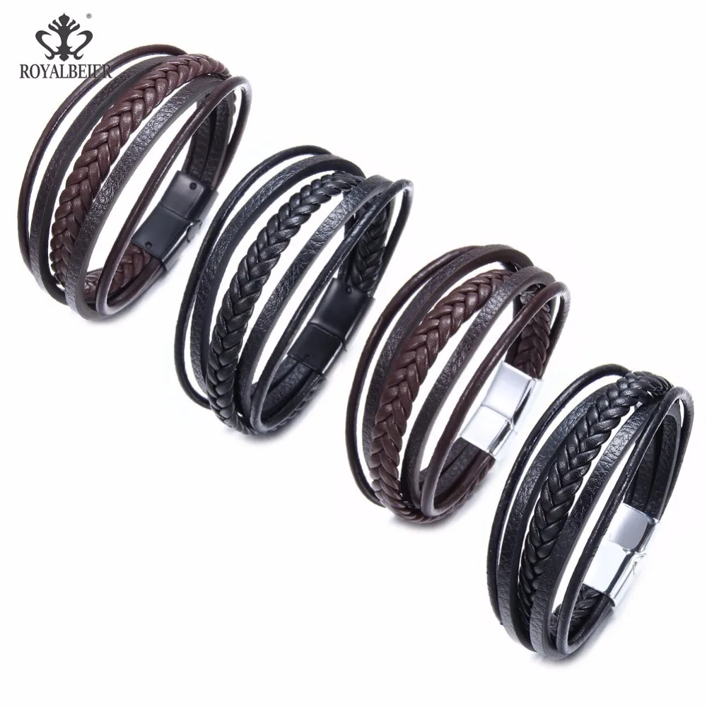Мужской браслет RoyalBeiery, кожаный браслет с магнитной цепочкой на запястье, 1 шт., 2019