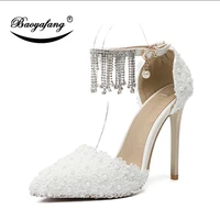 baoyafang11cm super heels shoes woman buckle fringe shoe ankle strap buckle shoes sweet white lace pointed toe wedding shoes