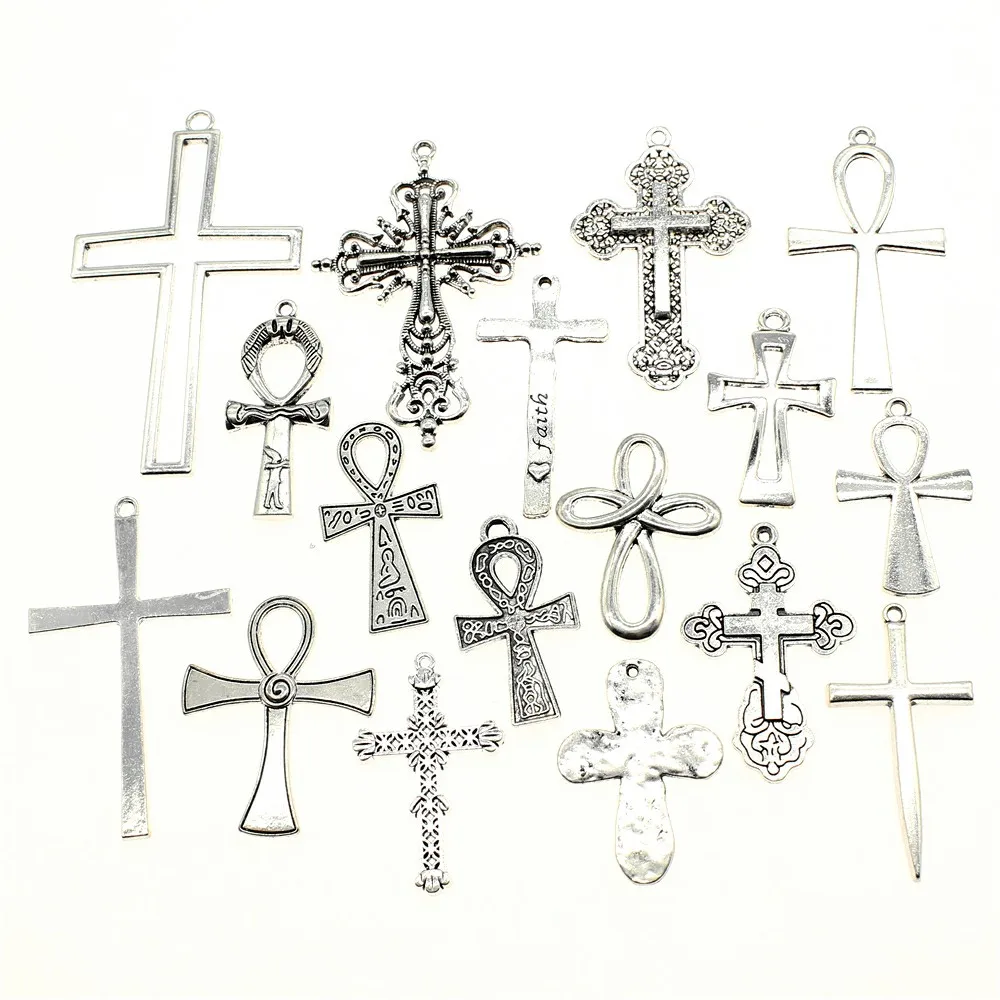 

WYSIWYG 40g Random Mix Designs Antique Silver Color Zinc Alloy Cross Pendant Charms DIY Jewelry Making Accessories