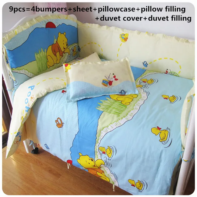 

9PCS whole set baby bedding set cotton curtain crib bumper kit de berço washable baby bed set, 120*60/120*70cm