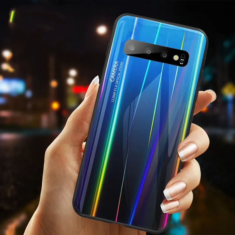 Для Samsung Galaxy S10 5G Plus S10e S9 S8 Note 9 8 чехол Aurora gradient закаленное стекло Мягкая
