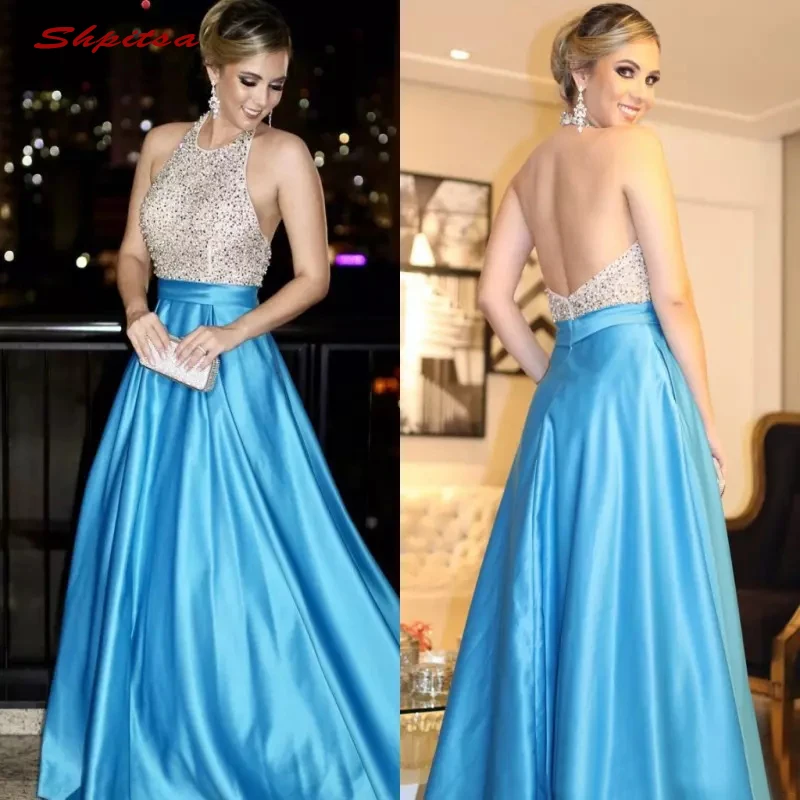 

Blue Sexy Long Evening Dresses Party Plus Size Satin Luxury Backless Ladies Beaded Women A Line Prom Formal Dresses Evening Gown