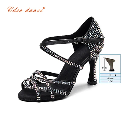Black 6cm heel Cdsodance female black satin Latin dance shoes women's Rhinestones Salsa party Wedding shoes10cm high heeled soft outsole - Цвет: Black 6cm heel