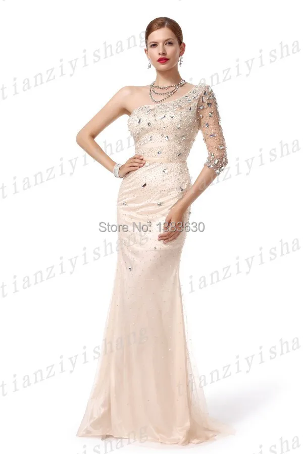 Free Shipping 2015 Latest Satin One Shoulder Half Sleeve Sheath Beads Crystal Long Vestido de Festa Longo Evening Party Dresses|beaded silk chiffon