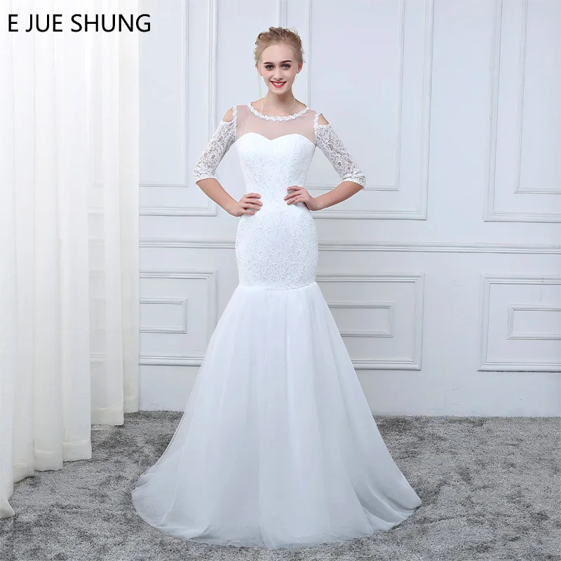 

E JUE SHUNG 2018 White Lace Off the Shoulder Mermaid Wedding Dresses Appliques Sheer 3/4 Sleeves Cheap Beach Wedding Gowns