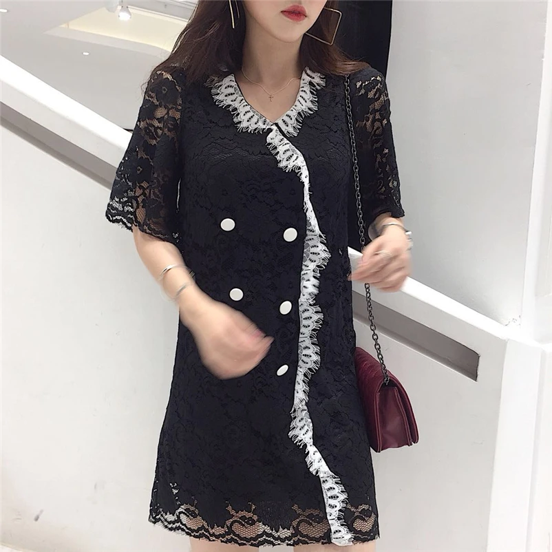 black lace mini dress Women's Clothing loose summer v-neck Female fashion perspective short dresses Vintage vetement femme new | Женская