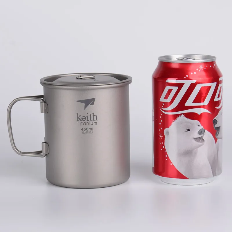 450ml Ti3204 Keith наружные титановые кружки для воды со складными ручками, титановые крышки, посуда для напитков, походные чашки, Ультралегкая кружка для путешествий 220 мл-900 мл - Цвет: 450ml Ti3204