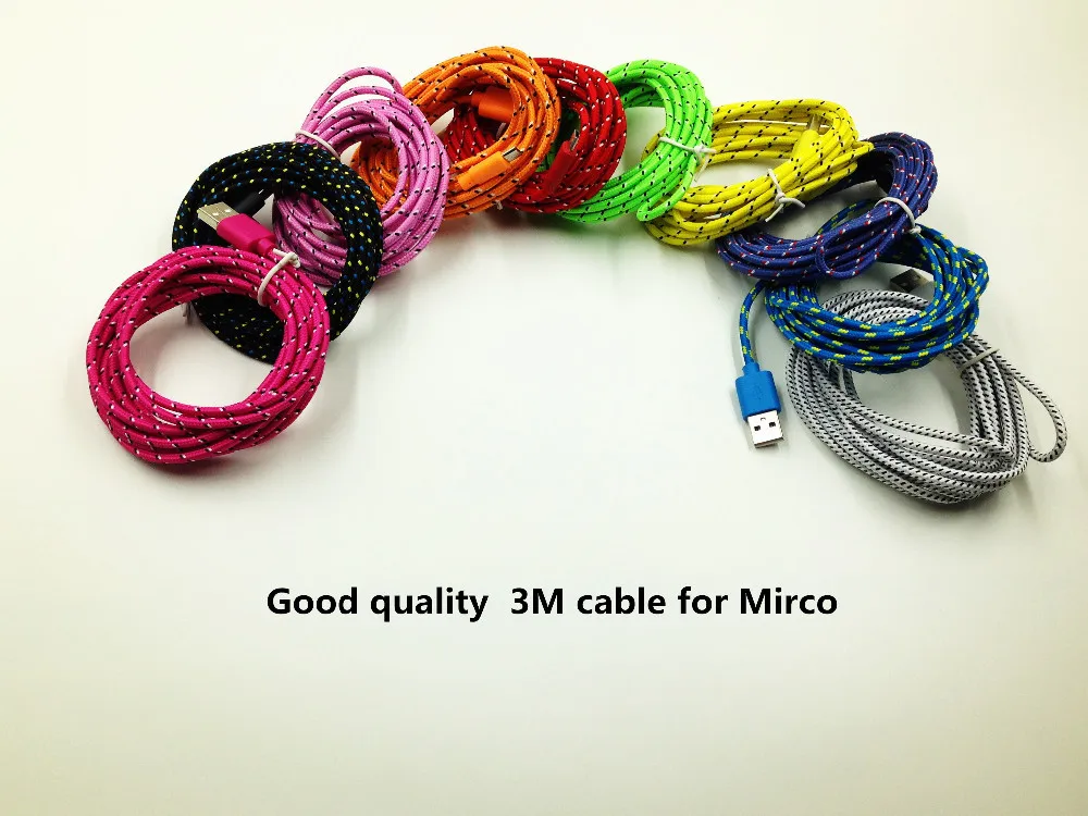 100 шт./лот плетеный провод Micro USB кабель 3 м 9 футов Синхронизация Нейлон Плетеный 5pin