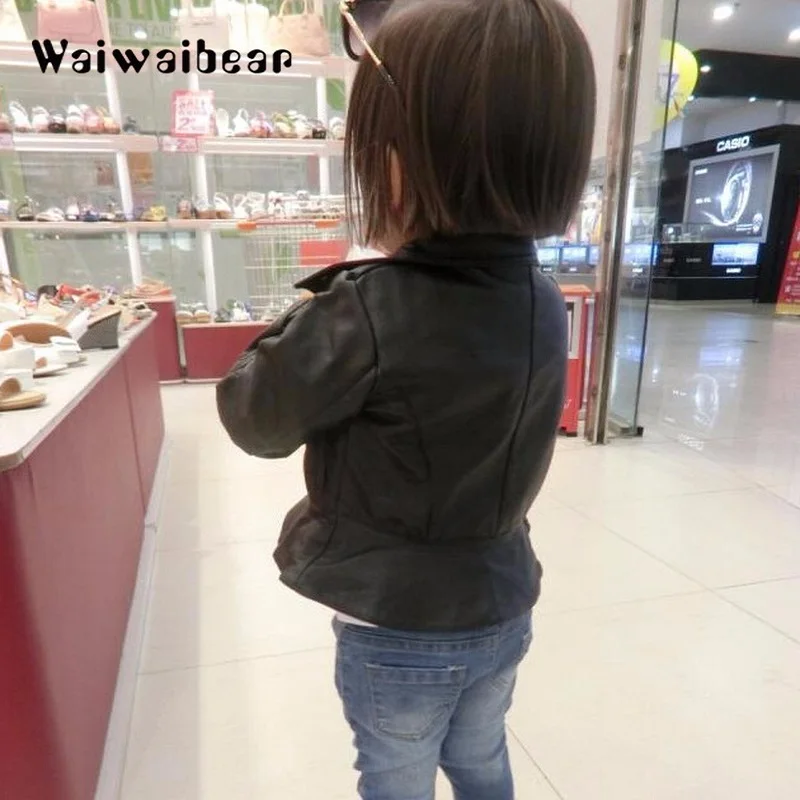 Waiwaibear/куртка из искусственной кожи для девочек; модная ветровка; куртки для малышей; короткое пальто; одежда для малышей; Детские пальто; сезон весна-осень