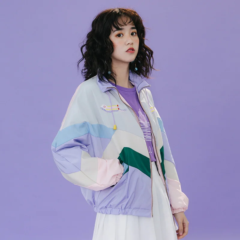 Harajuku, Осенние оригинальные женские Базовые Куртки, Пальто, цветной блок, мультяшная вышивка, женская верхняя одежда, пальто, новые свободные, консервативный дизайн