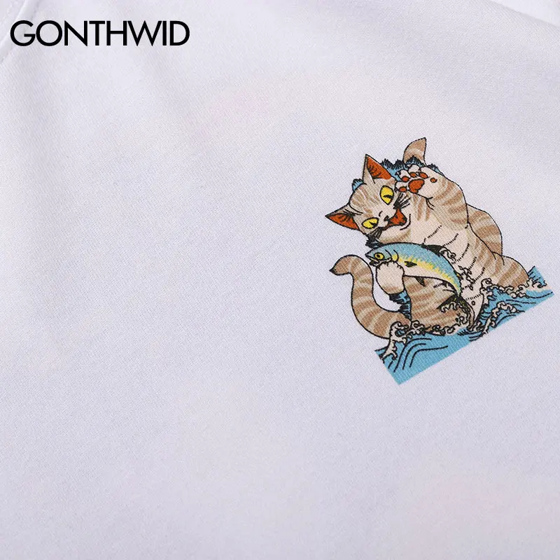 GONTHWID японский укийо-е кошка волна печати футболки уличная летняя Harajuku