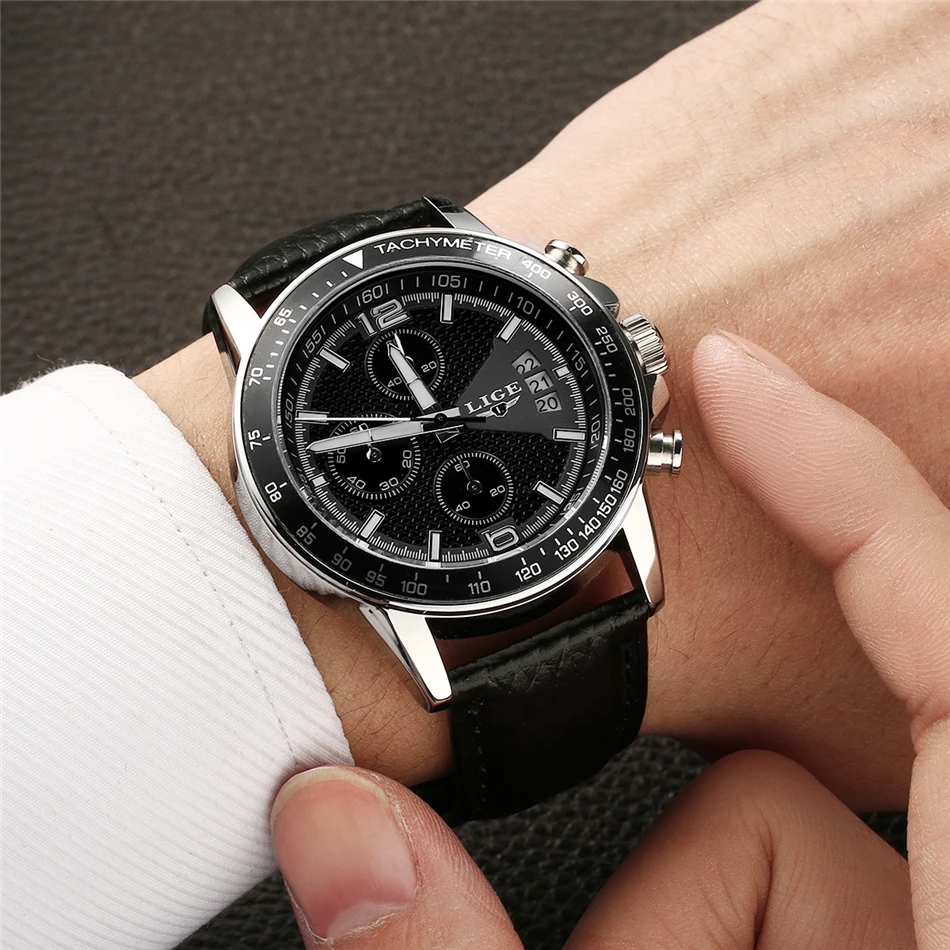 Бренд LIGE 2017 новые мужские часы кварцевые настоящие три циферблата светящиеся