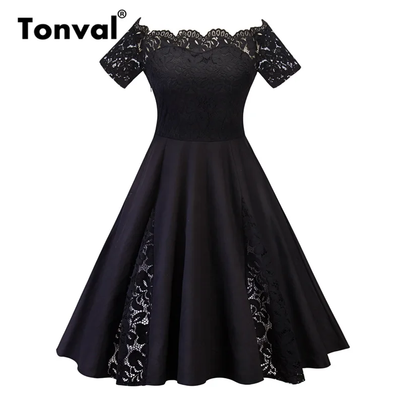 Черный Tonval 4XL 5XL размера плюс контрастное кружевное винтажное платье женские вечерние платья с открытыми плечами роковой Элегантный Большой размер сексуальные платья - Цвет: Черный