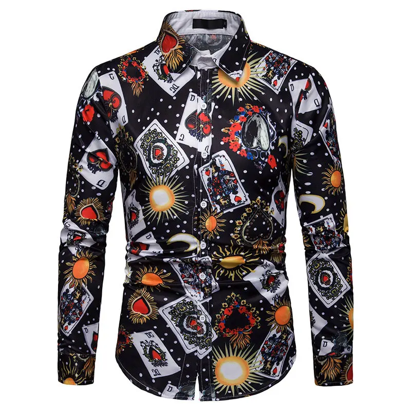 

2019 Brand New POKER Prints Shirts Mens Clothes Long Sleeve Mens Dress Shirts Casual Regular fit Camisa Social Masculina 082159