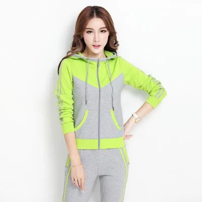 fluorescent green Весенние женские спортивные костюмы, Дамские Тонкие комплекты из 2 предметов, Хлопковые женские топы на молнии с капюшоном и длинные штаны, женский спортивный костюм - Цвет: fluorescent green