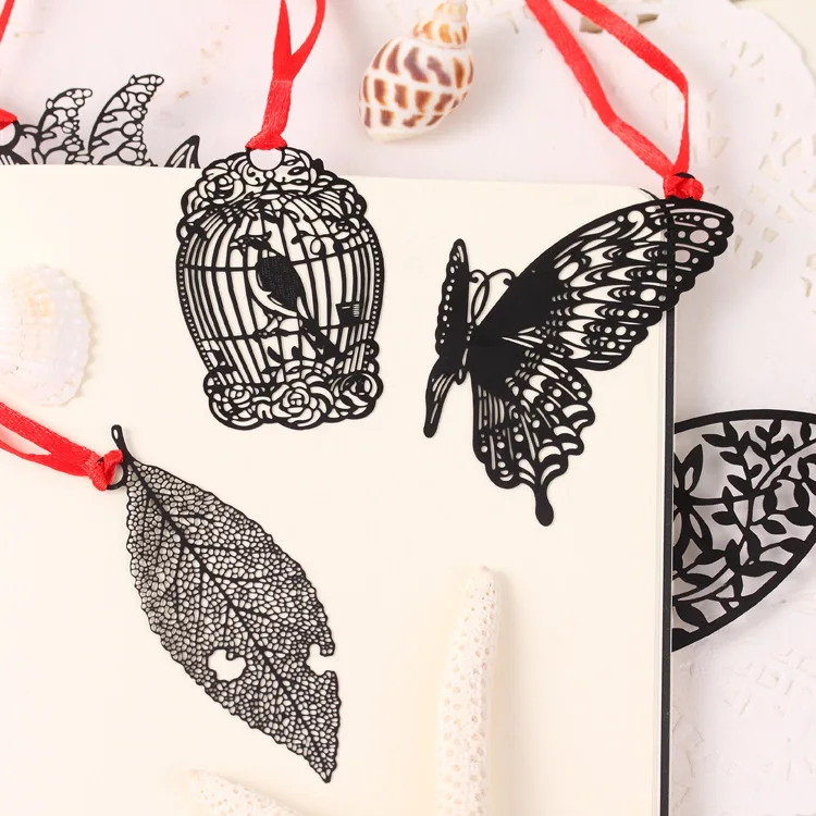 DIY Cute Kawaii Black Butterfly Feather Leaf Metal Bookmark for Book Paper Creative Items Lovely Korean Stationery Gift Package |