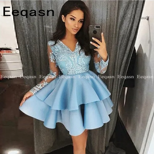 as picture Бордовое короткое коктейльное платье с длинными рукавами и аппликацией, свадебное платье с v-образным вырезом, недорогое коктейльное платье для вечеринки размера плюс - Цвет: as picture