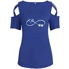 Женская футболка с открытыми плечами, облегающая футболка с принтом сердечек и лап, уличная одежда, 2021