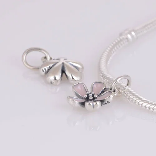 

Authentic 925 Silver Jewelry Charms Lucky Flower Charm Pink Enamel Dangle Fits Silver Charms Bracelet For Women DIY Jewelry