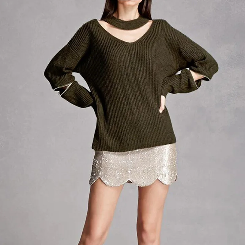 Loose Solid Women Sweaters and Pullovers V Neck Halter Coat Long Sleeve Jumper | Женская одежда