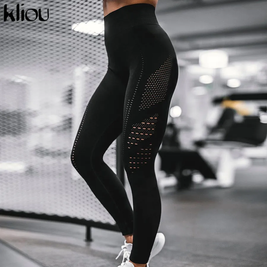Kliou Новые женские модные длинные облегающие эластичные однотонные леггинсы спортивные штаны с прозрачными вставками