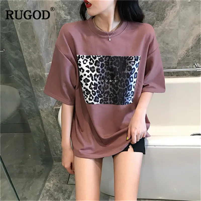 Женская футболка с леопардовым принтом RUGOD свободная круглым вырезом и коротким